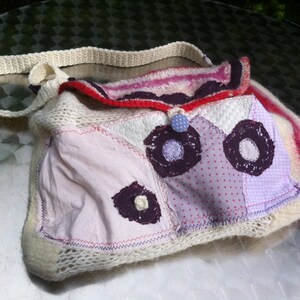 BAG, boho, white, purple, pink, ALMWEH, unique art, upcycling, sustainable, unique handmade, traditional bag, wool, spring, folk art image 2