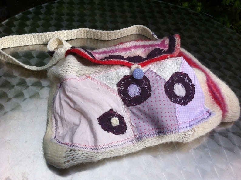 BAG, boho, white, purple, pink, ALMWEH, unique art, upcycling, sustainable, unique handmade, traditional bag, wool, spring, folk art image 2