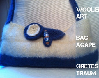 BAG, unique handmade, blue white, AGAPE, felt, retro, woolen art, Greece, gifts women, boho, ethno, spring, sustainable