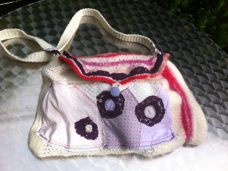 BAG, boho, white, purple, pink, ALMWEH, unique art, upcycling, sustainable, unique handmade, traditional bag, wool, spring, folk art image 3