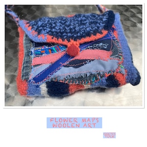 Sac, unique fait main, boho, FLOWER MAPS, bleu saumon, art unique, upcycling, durable, laine, cadeaux pour femmes, art populaire, vacances