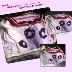 BAG, boho, white, purple, pink, ALMWEH, unique art, upcycling, sustainable, unique handmade, traditional bag, wool, spring, folk art image 1