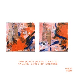 Pictures Duo, opere d'arte su tela uniche, originali, dipinti, acrilico, SAVING CODES of CULTURE, arancione bruciato, tecnica mista su tela, telaio