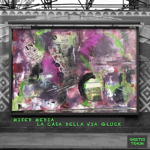 TECNICA MISTA, dipinto originale, La Casa della Via Gluck, arte su tela unica, viola, rosa, verde, acrilico, tela, arte popolare, retrò