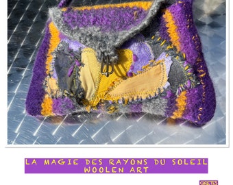 Bag, unique handmade, boho, purple yellow, La MAGIE des RAYONS du SOLEIL, unique art, ethno, 70s, gifts women, spring