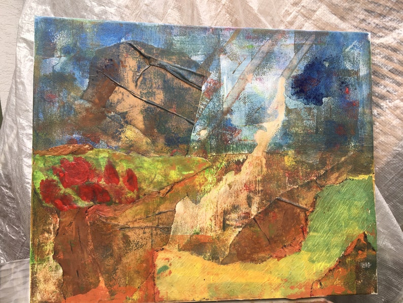 COLLAGE, Keilrahmen, rot grün blau, MOTHER EARTH, Original Gemälde, unique canvas art, Art, Kunst, abstrakt, Landschaft, Bild, Frühling zdjęcie 3