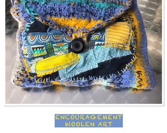 Sac, bleu jaune, bohème, unique fait main, ethno, ENCOURAGEMENT, art unique, laine, feutre, cadeaux femmes, art populaire, printemps