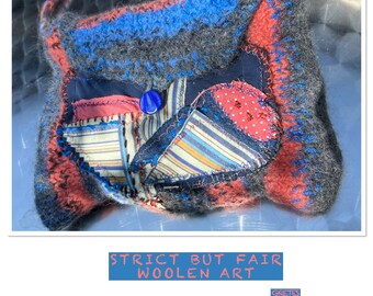 Bag, unique handmade, blue orange, boho, STRICT BUT FAIR, unique art, upcycling sustainable, gifts for women, woolen art, folk art