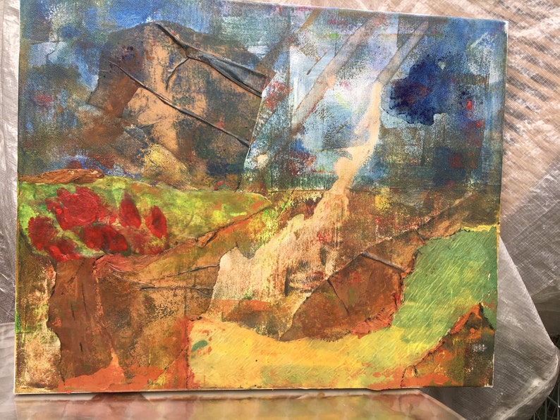 COLLAGE, Keilrahmen, rot grün blau, MOTHER EARTH, Original Gemälde, unique canvas art, Art, Kunst, abstrakt, Landschaft, Bild, Frühling zdjęcie 2