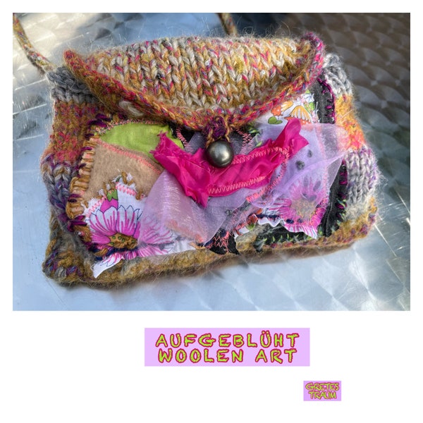 Bag, unique handmade, boho, pink green, BLOOMING, unique art, upcycling, wool, folk art, sustainable, spring, flowers, retro, ethno