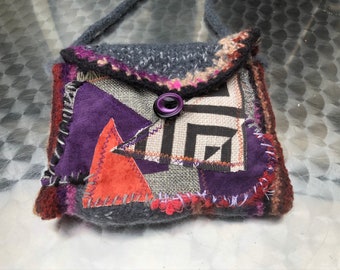 BAG, unique handmade, boho, grey red purple, STREETART, felt, unique art, folk art, upcycling, sustainable, gifts for women, spring