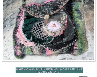 Bag, upcycling, boho, green pink, EMBRACING FLOWERS CAUTIOUSLY, unique handmade, unique art, shabby chic, gifts for women, spring