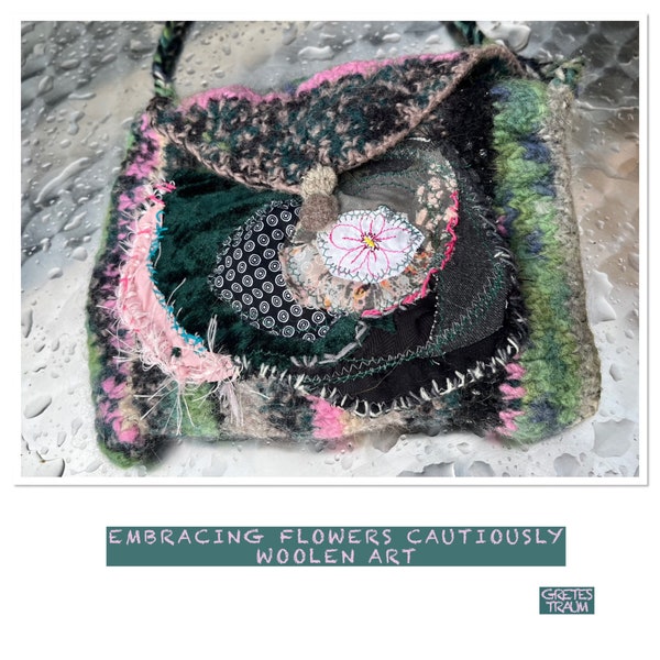 Bag, upcycling, boho, green pink, EMBRACING FLOWERS CAUTIOUSLY, unique handmade, unique art, shabby chic, gifts for women, spring