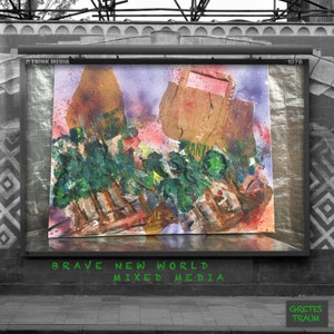 Collage, tela unica, dipinto originale, paesaggio, astratto, tecnica mista, acrilico, verde, marrone, viola, BRAVE NEW WORLD, unico, estate