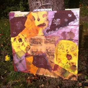 Collage, boho, originale, arte, immagine, tipo: TIME OF THE DEER, arte unica, autunno, home office, acrilico su legno massiccio, tecnica mista, unico