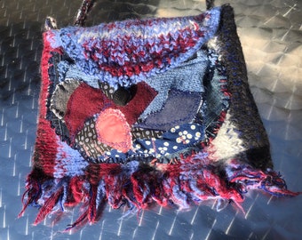 Borsa, boho, unico fatto a mano, 99 PALLONCINI ROSSI, rosso, blu, frange, pace, retrò, sostenibile, upcycling, regali donna, jeans