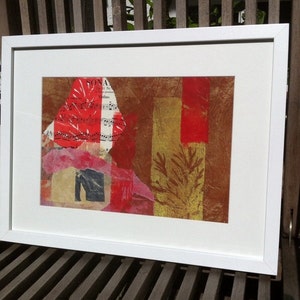 LINOLDRUCK, red gold, one planet, LINOCUT SONATE, mixed media, collage, art, original, folk art, unique