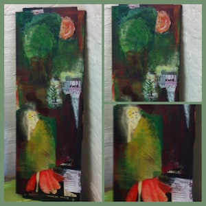 Gemälde, Original, UNTER DEN LINDEN, Collage, Mixed Media, Berlin, retro Style 20er Jahre, Acryl, Papier auf Massivholz, grün rot