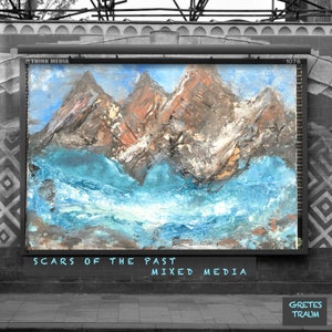 TECNICHE MISTE, unico, telaio a barella, CICATRICI del passato, arte su tela unica, pittura originale, paesaggio, astratto, lago, montagne, acrilico, tecnica mista