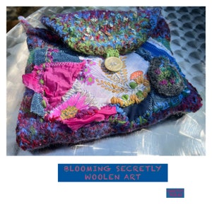 Tasche, boho, upcycling, Unikat handgemacht, BLOOMING SECRETLY, rosa blau, grün, folk art, woolen art, nachhaltig, retro, Geschenke Frauen