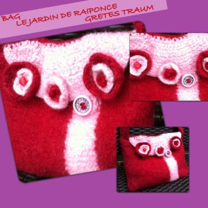 Bag, unique handmade, boho, red pink, LE JARDIN de RAIPONCE, felt, retro, ethno, crochet roses, folk art, gifts for women, holiday