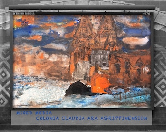 Picture, original painting, COLONIA, brown, orange, blue, Unique canvas art, Cologne cathedral, folk art, mixed media on canvas, acrylic