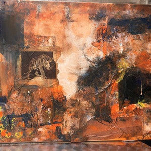 Collage, dipinto originale, telaio, L'OCCHIO DELLA TIGRE, arte su tela unica, tecnica mista, astratto, marrone, blu, ocra, regali uomini