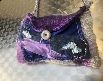 BAG, unique handmade, blue purple, boho, COMPASSION, unique art, folk art, gifts women, upcycling, sustainable, spring