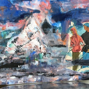 COLLAGE, dipinto originale, NORDWAND, arte su tela unica, tela tecnica mista, blu, bianco, anni '50, inverno, acrilico, arte popolare, montagne, sci