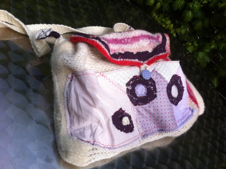 BAG, boho, white, purple, pink, ALMWEH, unique art, upcycling, sustainable, unique handmade, traditional bag, wool, spring, folk art image 4