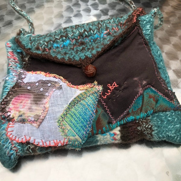 Sac, bohème, unique fait main, rétro, années 60, turquoise, rose, marron, maritime, cadeaux pour femmes, shabby chic, art populaire, printemps