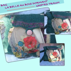 Sac, unique fait main, bohème, conte de fée, LA BELLE en BOIS dormant, unique, durable, upcycling, vert, fleurs, rétro, art populaire, Pâques