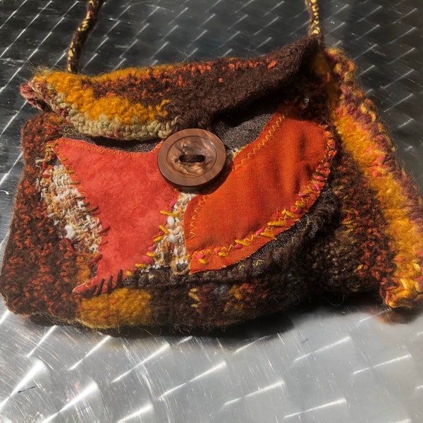 Tasche, Unikat handgemacht, boho, CAFÉ DEL MAR ‘78, woolen art, Ibiza 70er Jahre, orange, braun, Geschenke Frauen, folk art, nachhaltig