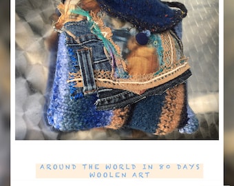 Sac, unique fait main, boho, bleu, beige, AUTOUR DU MONDE en 80 jours, upcycling, durable, art populaire, jeans, feutre, cadeaux pour femmes