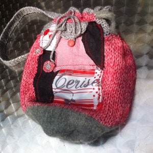 BAG, unique handmade, boho, red gray, LA CERISAIE, cherry, Chekhov, retro style, folk art, gifts for women, upcycling, sustainable image 2