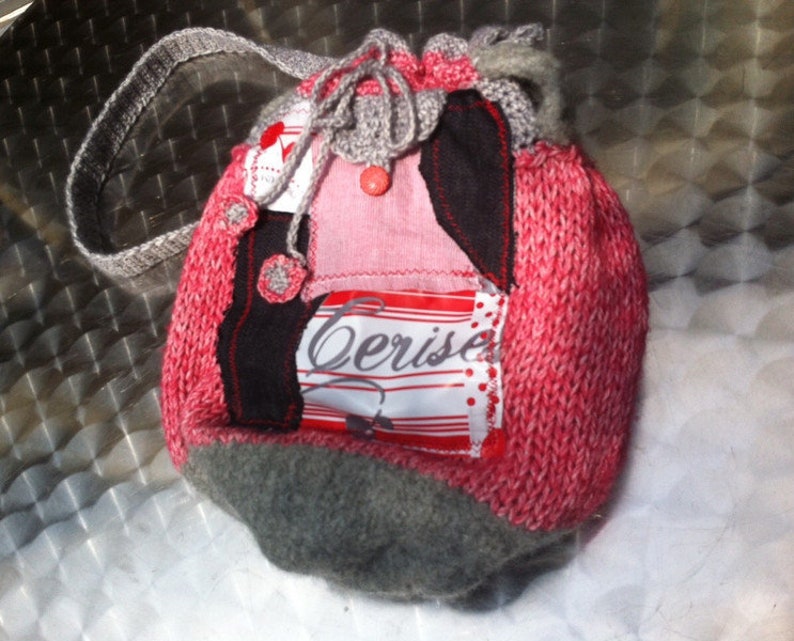 BAG, unique handmade, boho, red gray, LA CERISAIE, cherry, Chekhov, retro style, folk art, gifts for women, upcycling, sustainable image 2