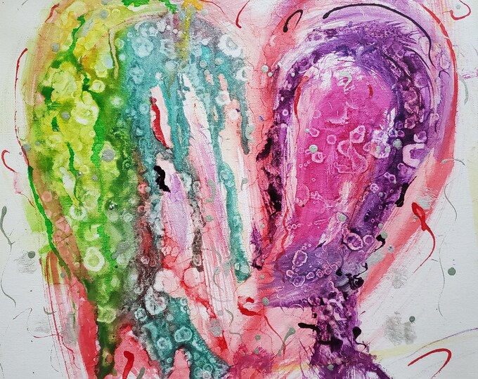 Abstract Heart Painting, Acrylic Ink on Canvas, 16x16in Original Artwork, "Blooming Heart"