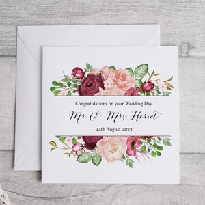 Carte de mariage bordeaux et rose | Félicitations pour votre mariage | Carte-cadeau florale de mariage | Lors de votre journée spéciale |