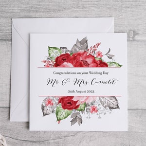 Carte de mariage rouge et grise | Félicitations pour votre mariage | Carte-cadeau florale de mariage | Lors de votre journée spéciale