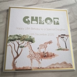 carte d'anniversaire Safari | 18ème carte d'anniversaire girafe | de la faune sauvage | Carte personnalisée Boîtes de luxe