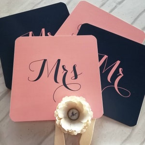 Mr / Mrs Wedding Day Game Paddle Fans Navy and Dusky Pink Game Cards Fun Wedding Photo Props image 8