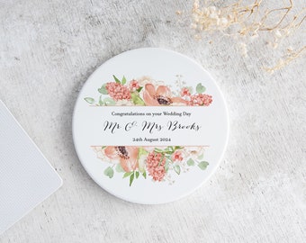 Personalised Mr & Mrs Coaster | Wedding Gift | Couple Pottery Present | Ceramic Drinks 9th Anniversary | Mint Floral Mat