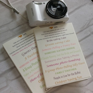 Cartes de jeu I-Spy pour mariage | Activité amusante pour les enfants | 9 modèles | Cartes-photos d'invité | Jeu d'opportunité de photographie