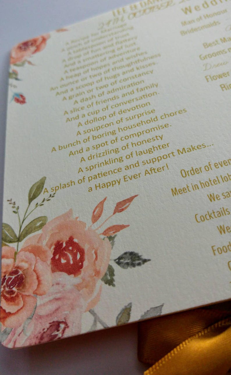 Floral Paddle Fan Gold Pink wedding order of service order of the day programs with guest list and order of the day details and thank you