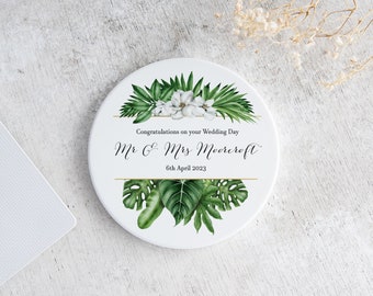 Personalised Mr & Mrs Coaster | Wedding Gift | Couple Pottery Present | Ceramic Drinks 9th Anniversary | Tropical Palm Leaf Floral Mat