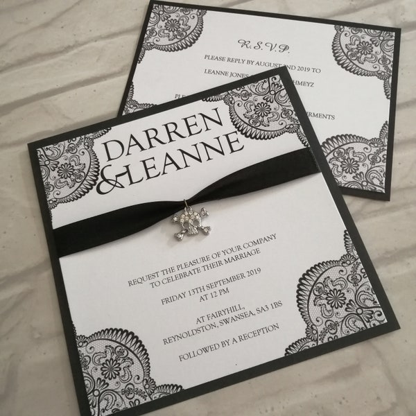 SAMPLE* Gothic Wedding Invitations | Diamante Skull & Crossbone Postcard | Lace Vow Renewal Stationery