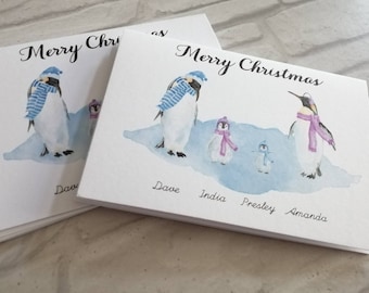 Personalised Penguin Family Print Christmas Card Pack, Xmas Cards, Happy Christmas