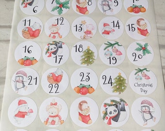 Christmas Advent Stickers 3.7cm | Cute Animal Theme Number Labels | Childrens  1-24 & Christmas Day