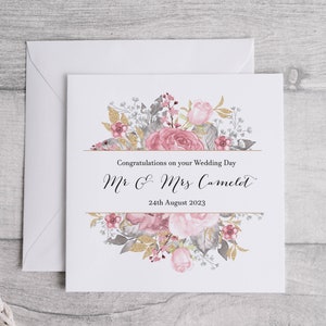 Carte de vœux or rose et grise pour mariage | Félicitations pour votre mariage | Carte-cadeau florale de mariage | Lors de votre journée spéciale |