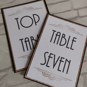 Cartes de visite, plan de salle de mariage avec numéros de table de mariage à paillettes Gatsby